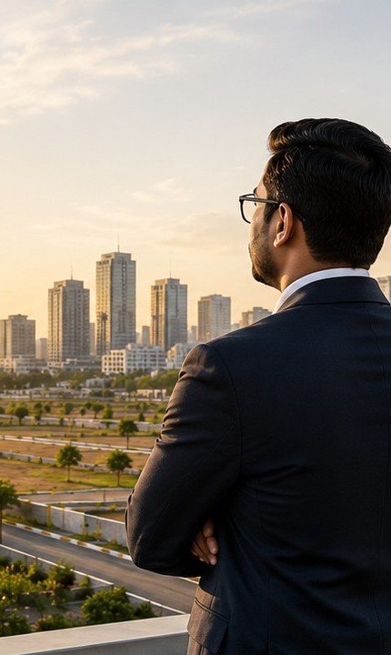 Rajeshwar Chari looking out over the Hyderabad skyline