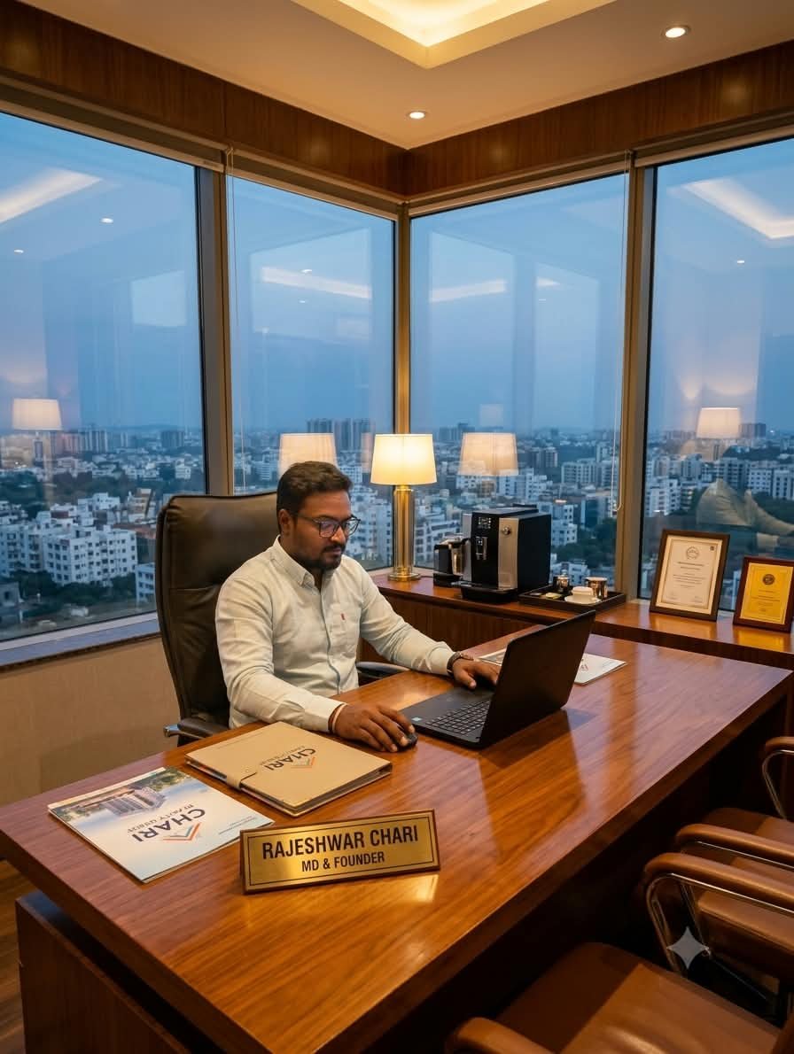 Rajeshwar Chari, MD and Founder, at his desk in the Chari Realty Group office