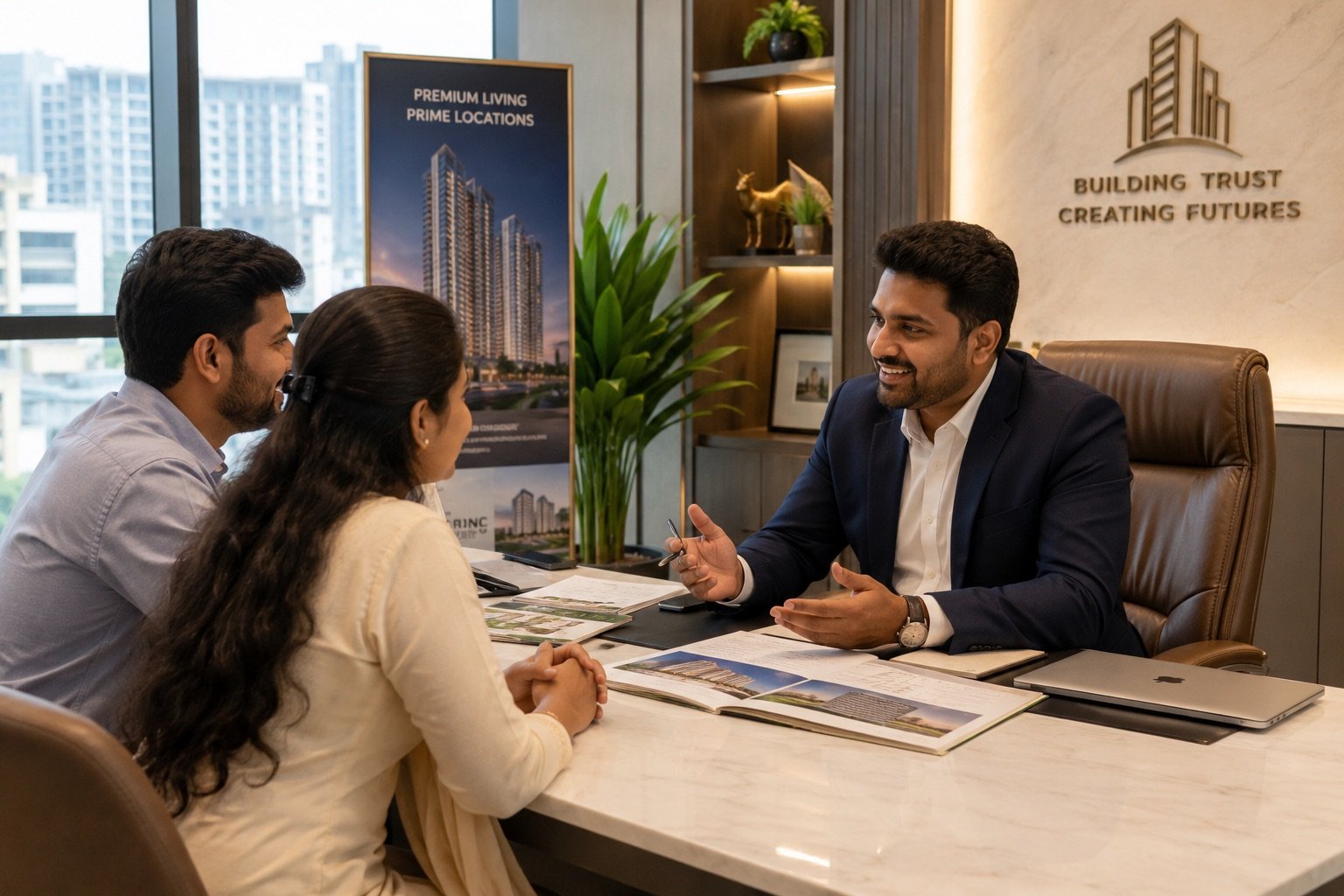 Rajeshwar Chari personally guiding customers through project details at the Chari Realty Group office